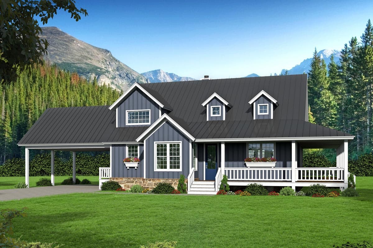 House plan exterior featuring a two-story farmhouse style with a front porch, gables, dormers, and a carport.