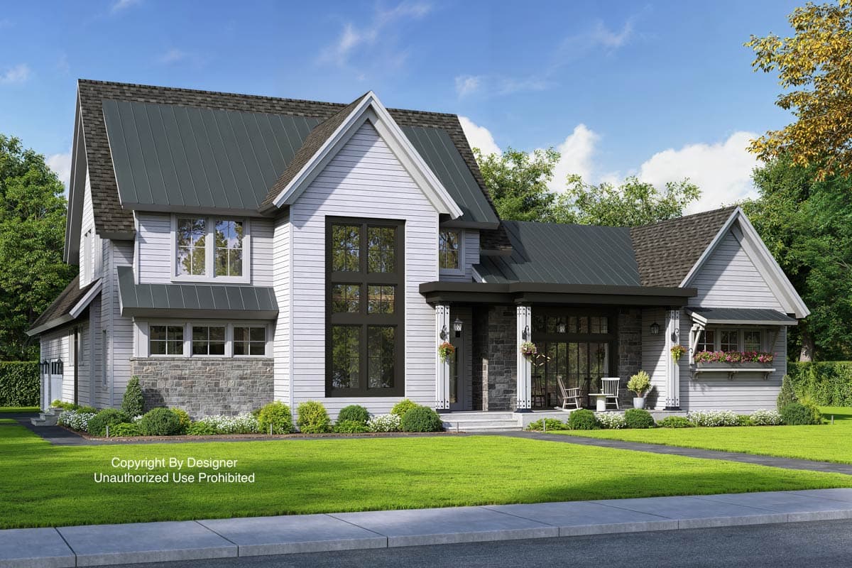 House plan exterior: two-story Modern Farmhouse with stone accents, gabled dormers, metal roof, and covered front porch.