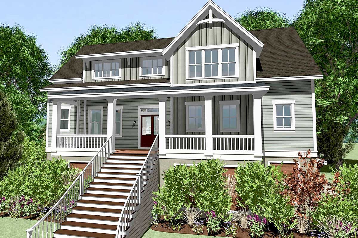 House plan exterior. Two-story Craftsman home with a front porch, gabled roof, dormers, and a prominent staircase leading to the entrance.