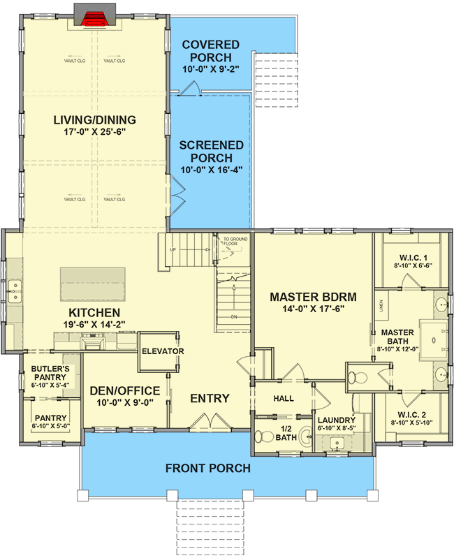 Plan 765005TWN: Spacious 4-Bedroom House Plan with Elevator and Main-Floor Master - Floor Plan - Main Level - Beach, Coastal, Country, Low Country, Southern, Vacation