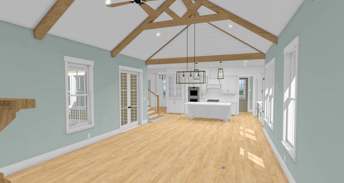 Rendering of a great room with vaulted ceiling, exposed beams, fireplace, and open kitchen with island.