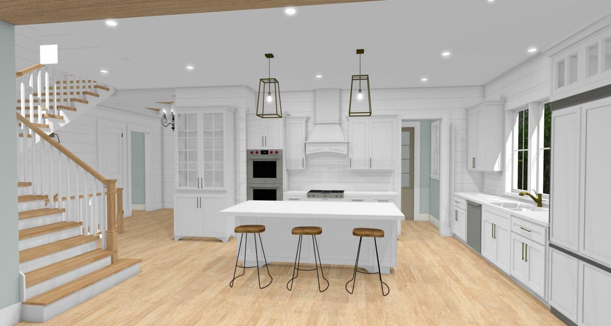 Open concept kitchen with island, white cabinetry, double ovens, and a wood staircase.