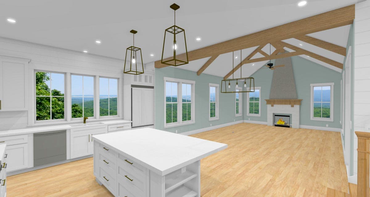 Open concept living space with a kitchen island, vaulted ceiling with exposed beams, and fireplace.