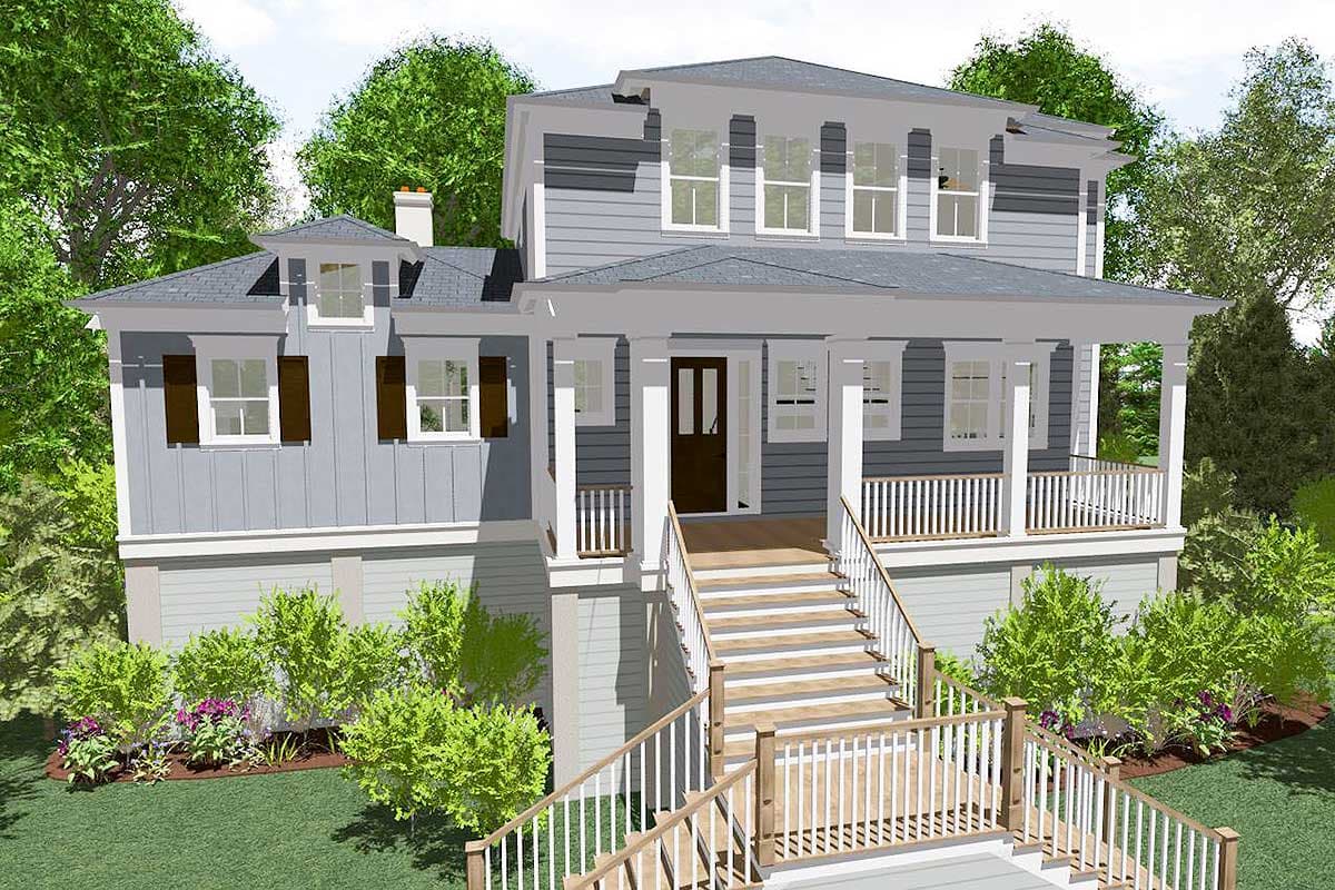 House plan exterior: Modern Farmhouse style, two stories, featuring a wrap-around porch, multiple gables, and a prominent central staircase.