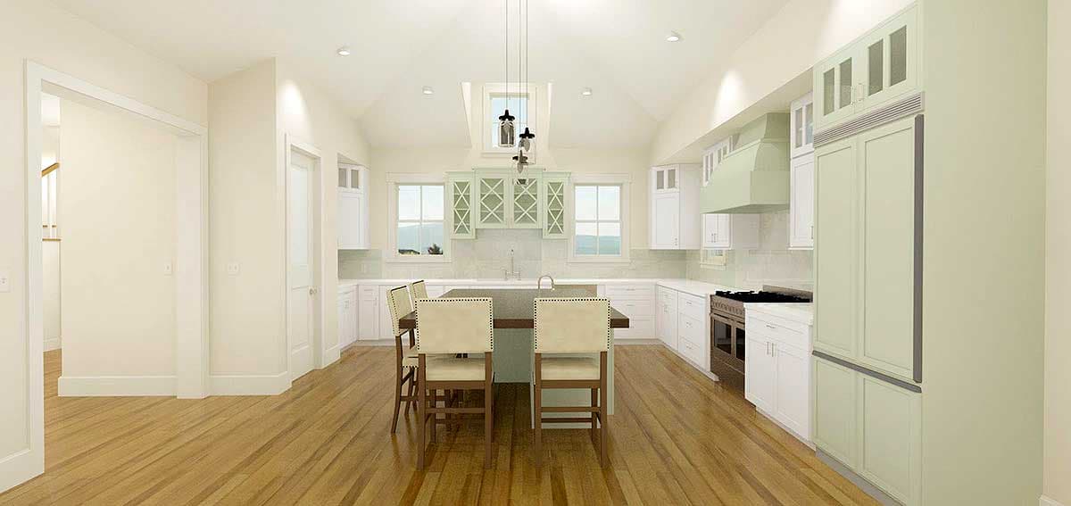 Kitchen rendering featuring a vaulted ceiling, island with seating, white cabinetry, range hood, and skylight.