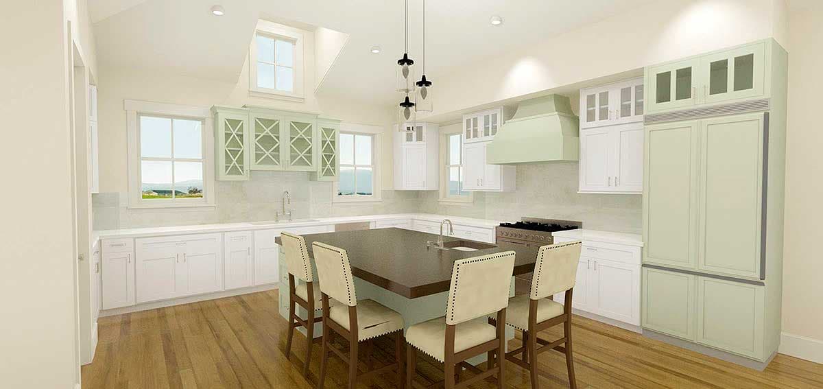 Kitchen interior with island, range, white cabinetry with glass fronts, and green accent cabinets.