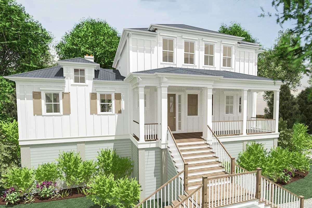 House plan exterior with two stories, a front porch, dormers, and a gabled roofline.