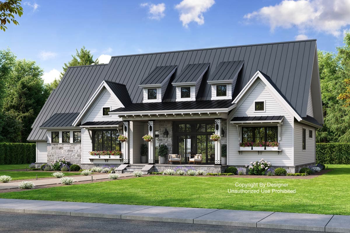 Modern Farmhouse house plan exterior with metal roof, gables, dormers, stone and siding, and covered front porch with seating.