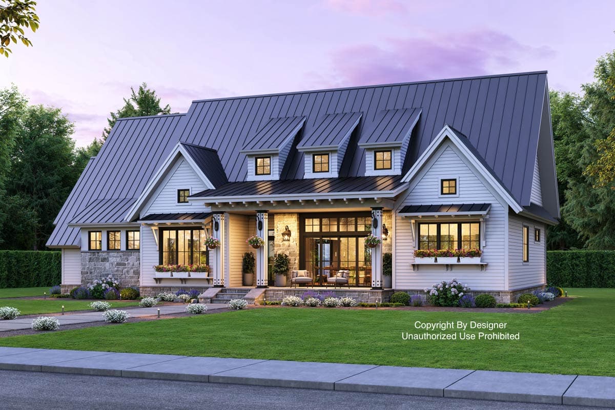 House plan exterior featuring a Modern Farmhouse style with a metal roof. Includes a front porch, multiple dormers, and a gabled roofline.