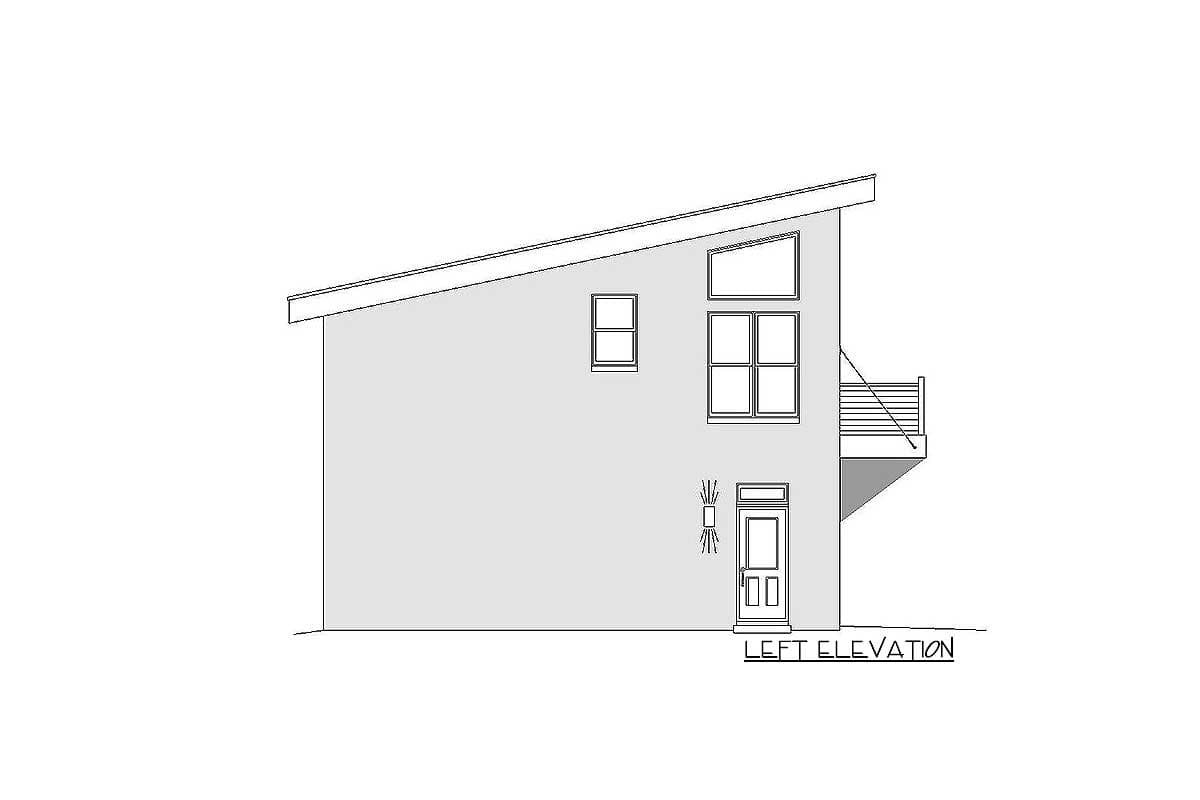 Left elevation house plan showing a single story with a sloped roof, multiple windows, a door, and a small balcony.
