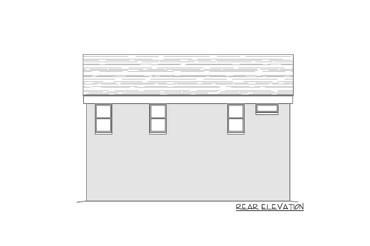 Rear elevation drawing of a house plan showing three windows and a vent under a sloped roof.