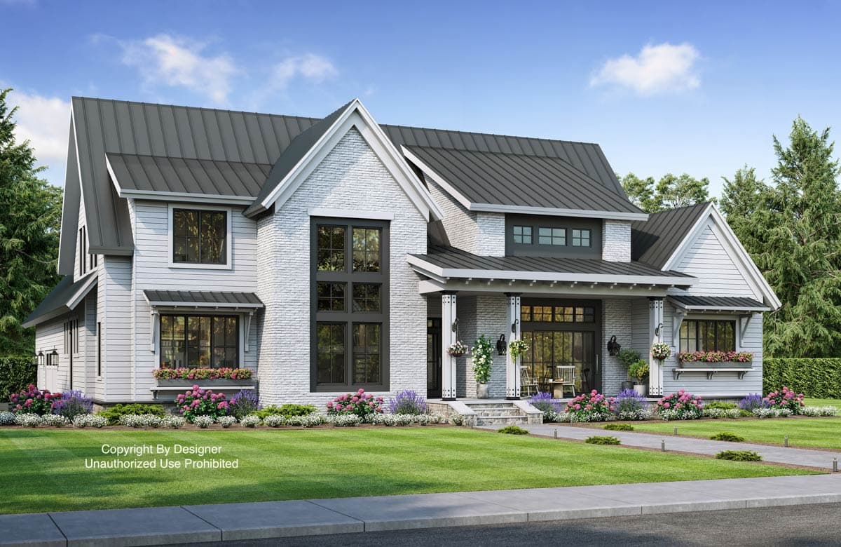 House plan exterior: Modern Farmhouse style, two stories, metal roof, gabled dormers, and a covered front porch with white pillars.