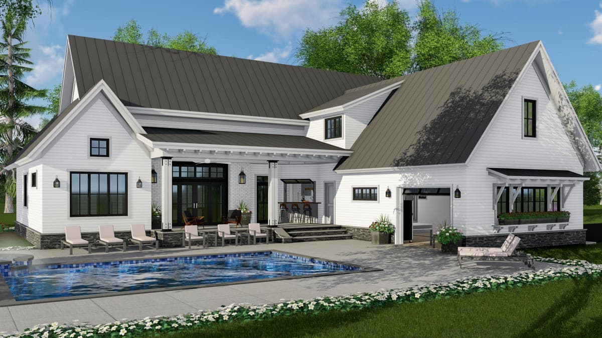 House plan exterior: Modern Farmhouse style, two stories, metal roof, gables, covered porch with outdoor bar, and attached garage.