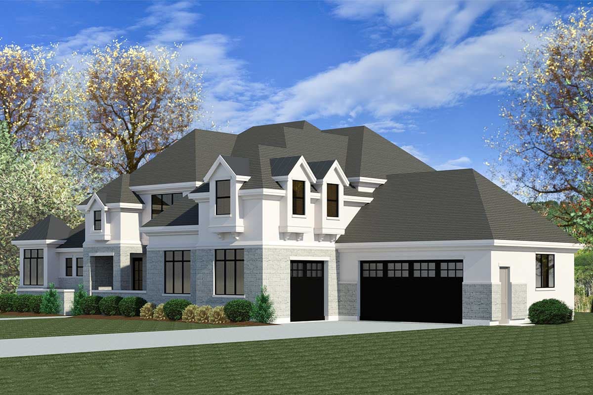 House plan exterior: two-story residence with multi-gabled roof, stone accents, dormers, and attached three-car garage.