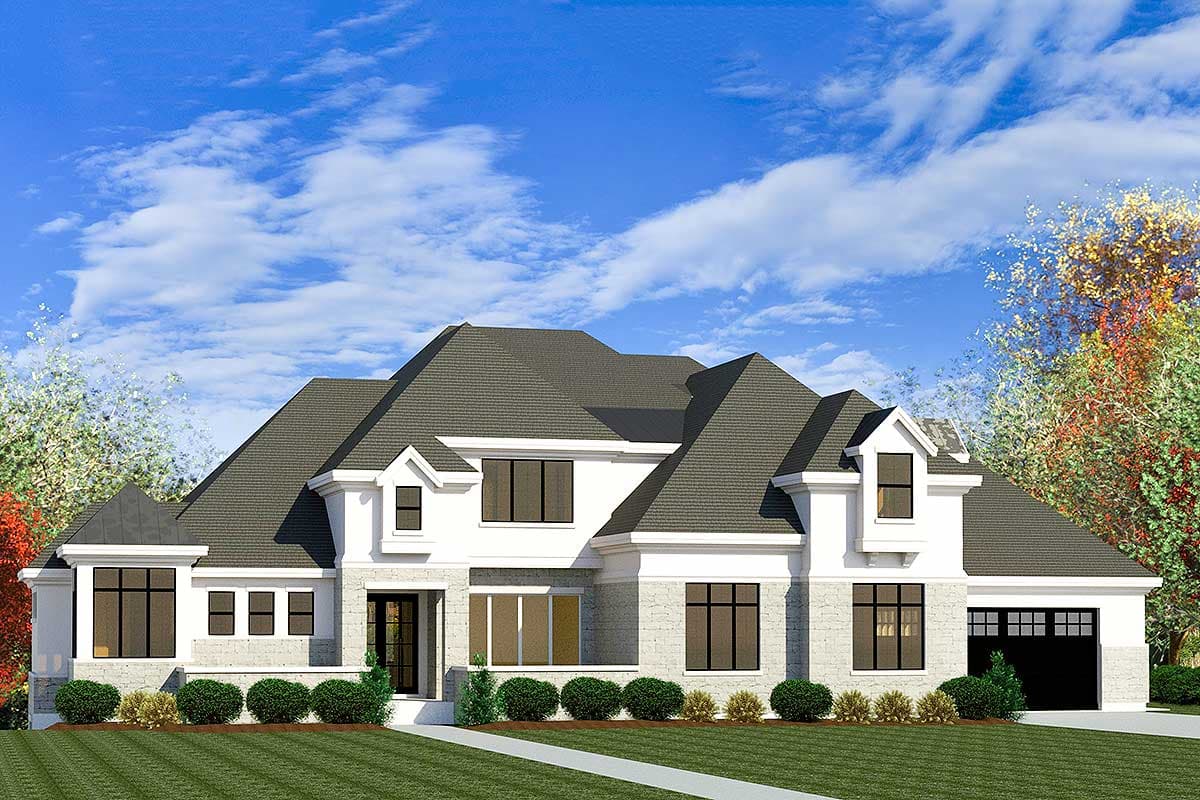 House plan exterior with two stories. Features include a complex roofline, dormers, and a garage with a black door. Landscaping visible.