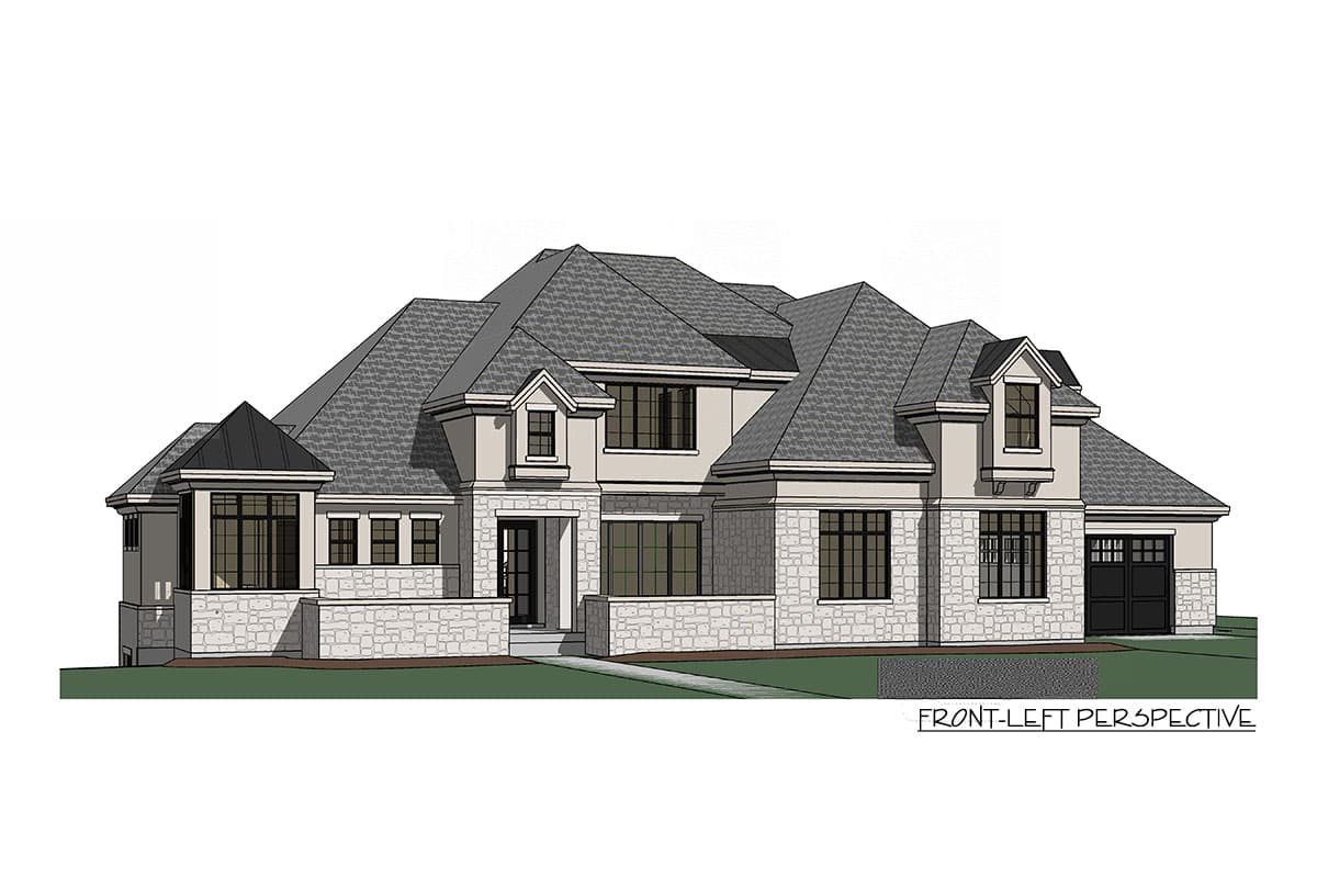 House plan exterior: two-story, stone accents, multiple gables, dormers, and attached garage.