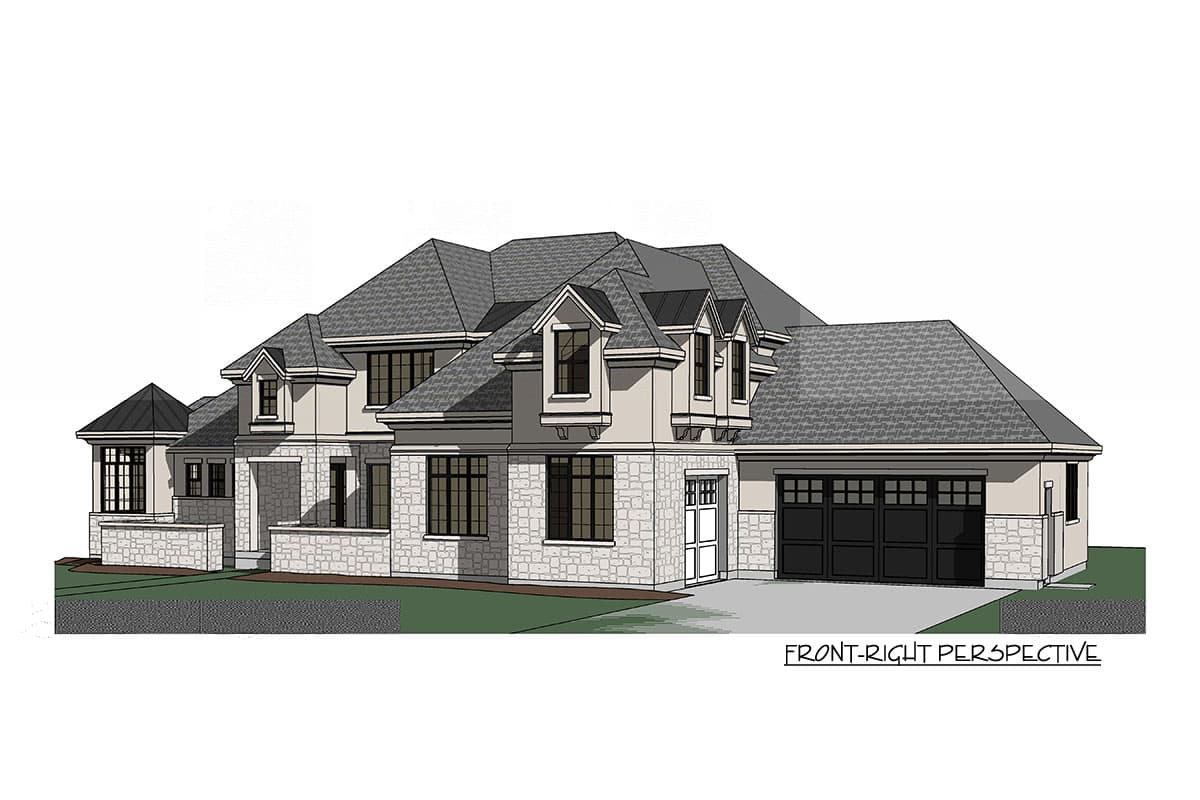 House plan exterior: Multi-story with stone base, prominent gables, turrets, and a three-car garage.