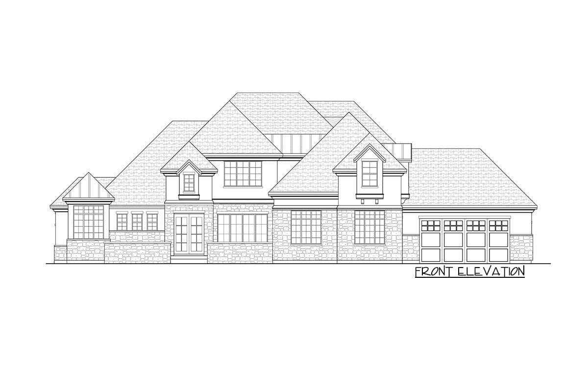 Front elevation drawing of a two-story house with stone exterior, multiple gables, dormers, and a three-car garage.