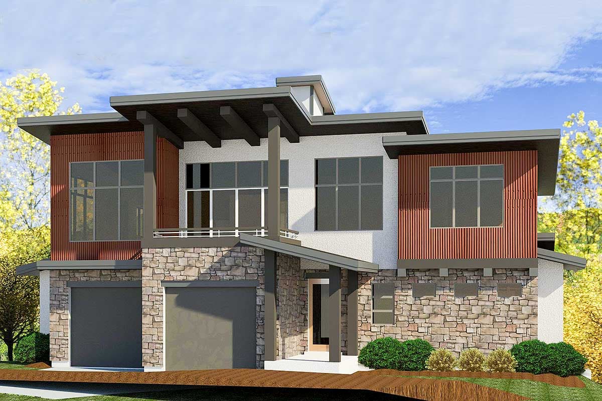 House plan exterior with two stories. Modern style with flat rooflines, a stone veneer base, and wood slat accents. Features a two-car garage.