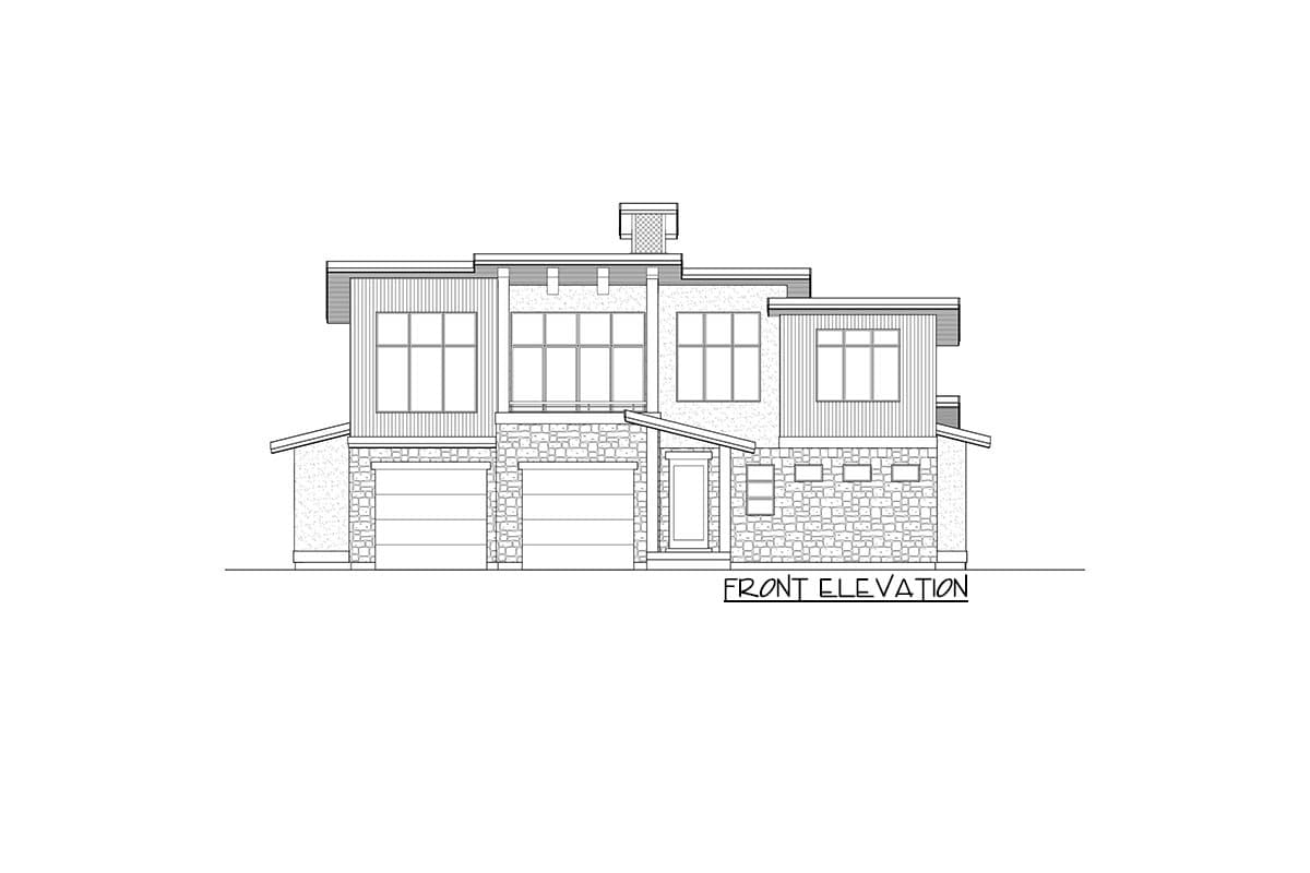 Front elevation of a modern house plan featuring two garage doors, stone and siding exterior, and multiple windows.