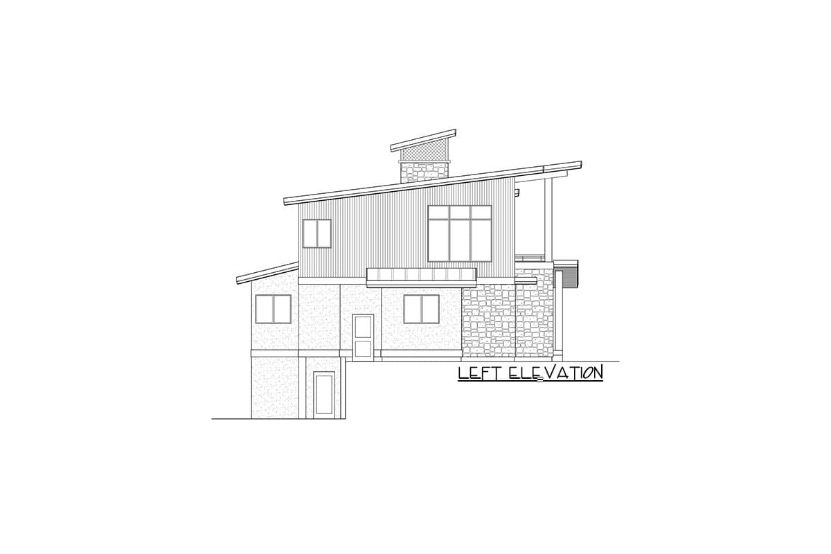 Left elevation drawing of a two-story house with varied rooflines, stone, and vertical siding.