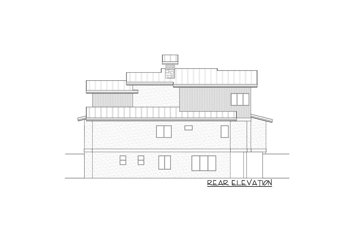 Rear elevation of a multi-story house plan with stacked rooflines, varied siding, and multiple windows.