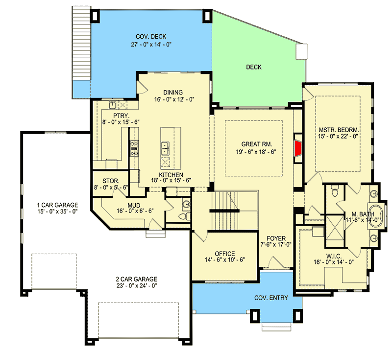 Plan 290096IY: Spacious Modern House Plan with 2 Offices and Lower Level Expansion - Floor Plan - Main Level - Contemporary, Modern, Northwest, Prairie