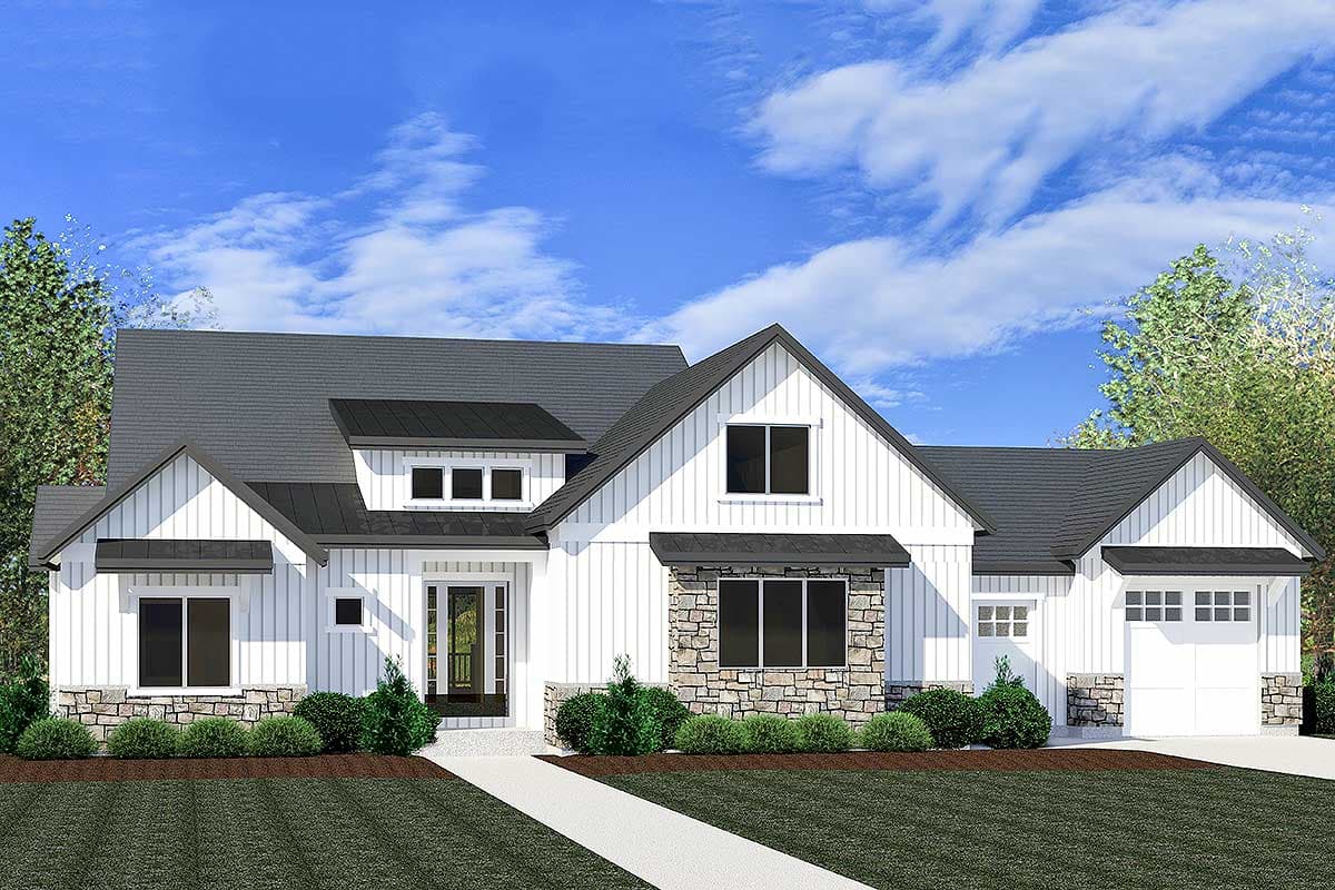 House plan exterior. Modern Farmhouse style with two stories, gabled rooflines, stone accents, and a front-facing garage.
