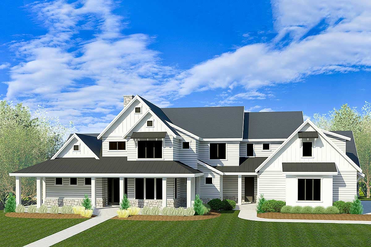House plan exterior. Two-story Modern Farmhouse with a covered front porch, multiple gables, and dark gray rooflines.