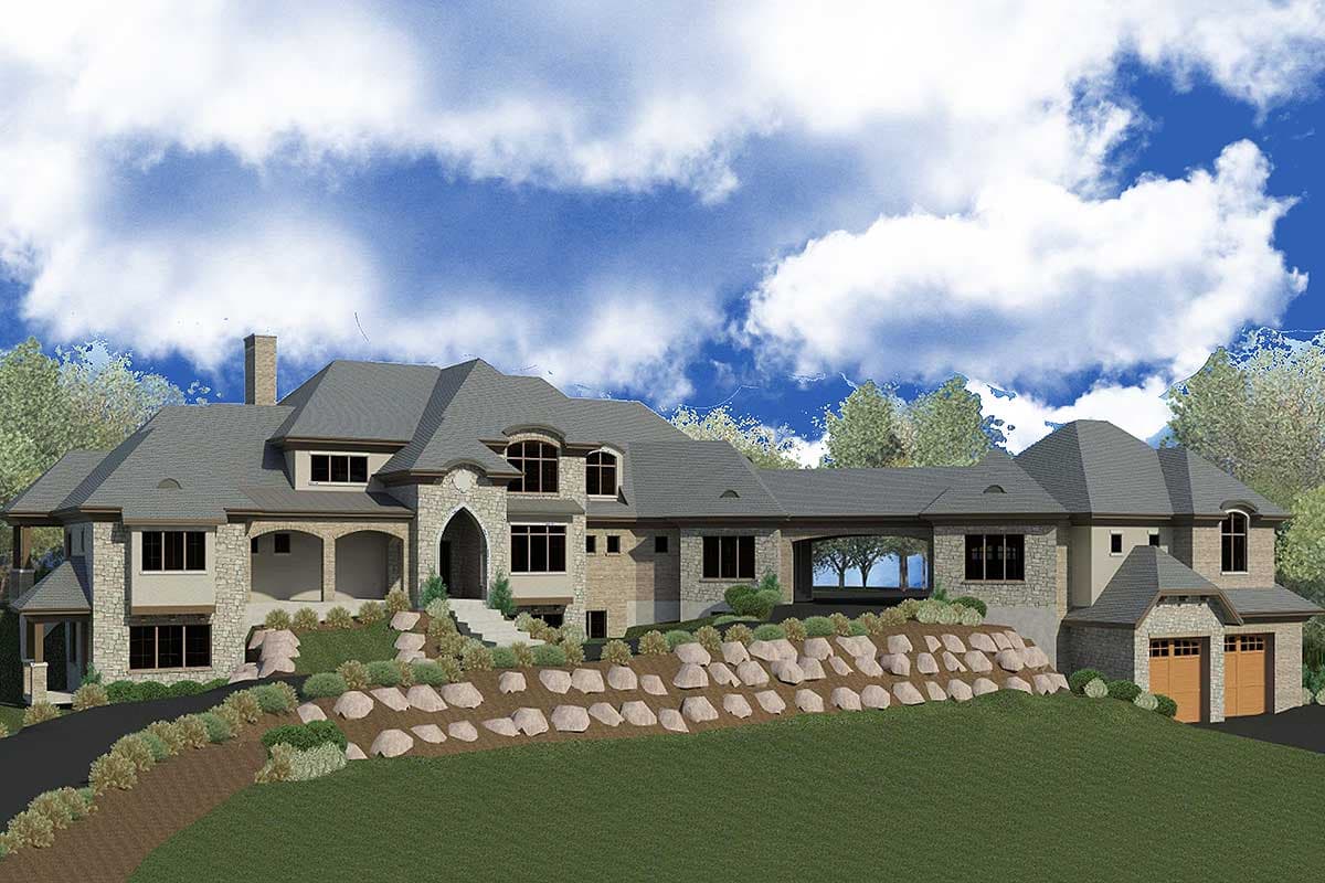 House plan exterior. Two-story with stone facade, arched entry, and multiple gables. Features a detached garage and covered breezeway.