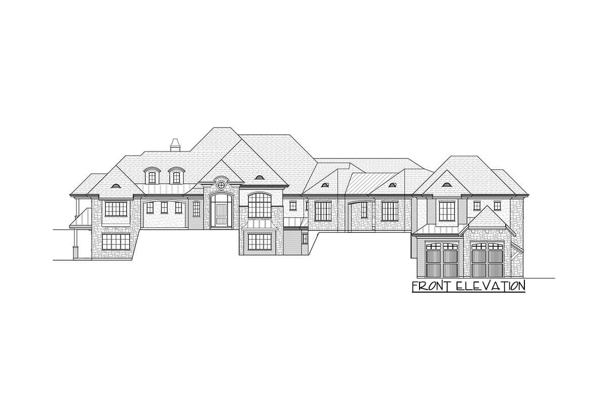 Front elevation drawing of a large, multi-story house plan featuring dormers, varied rooflines, and a three-car garage.