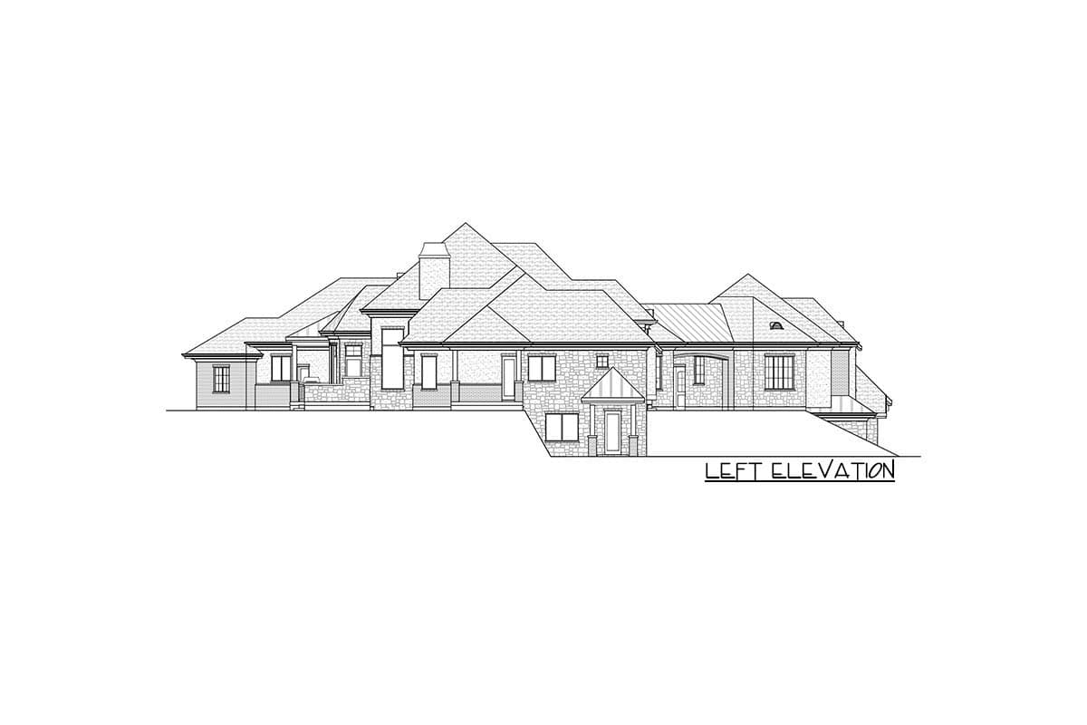 Left elevation drawing of a house plan, featuring multiple gables, stone accents, and a covered entryway.