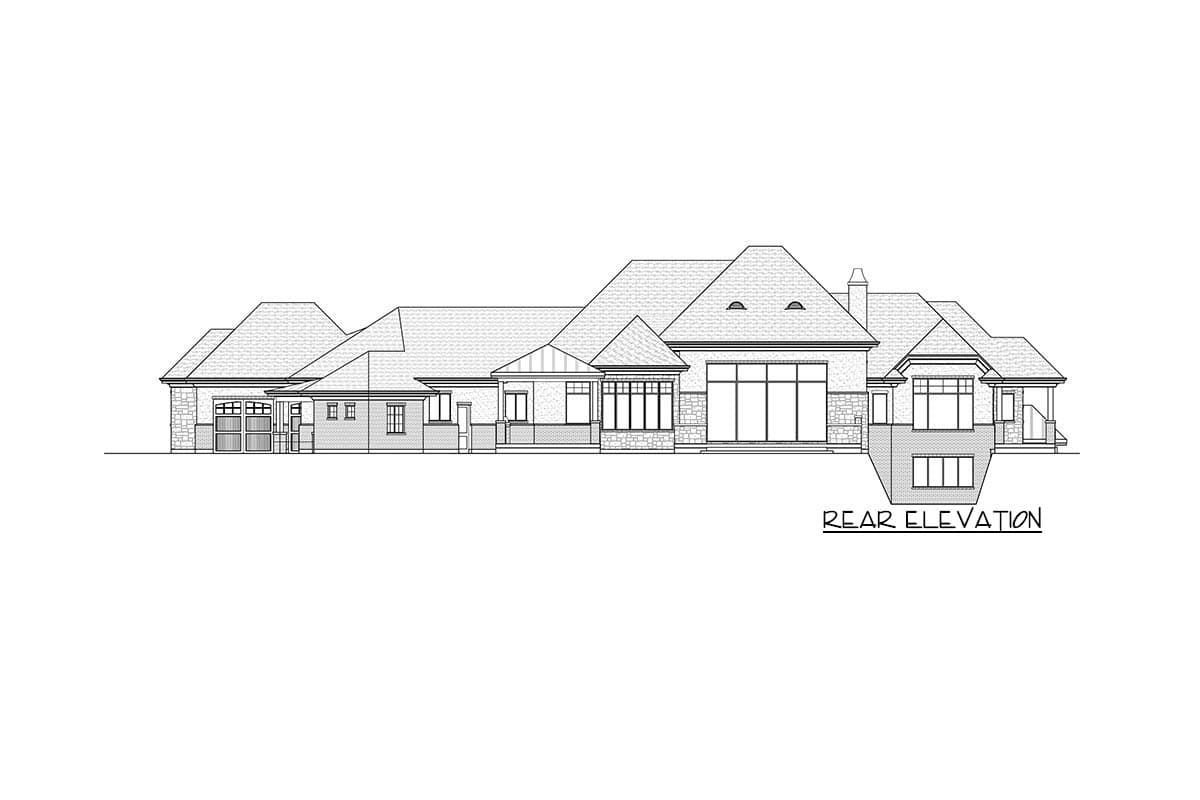 Rear elevation house plan with multiple gables, prominent windows, covered porch, and three-car garage.