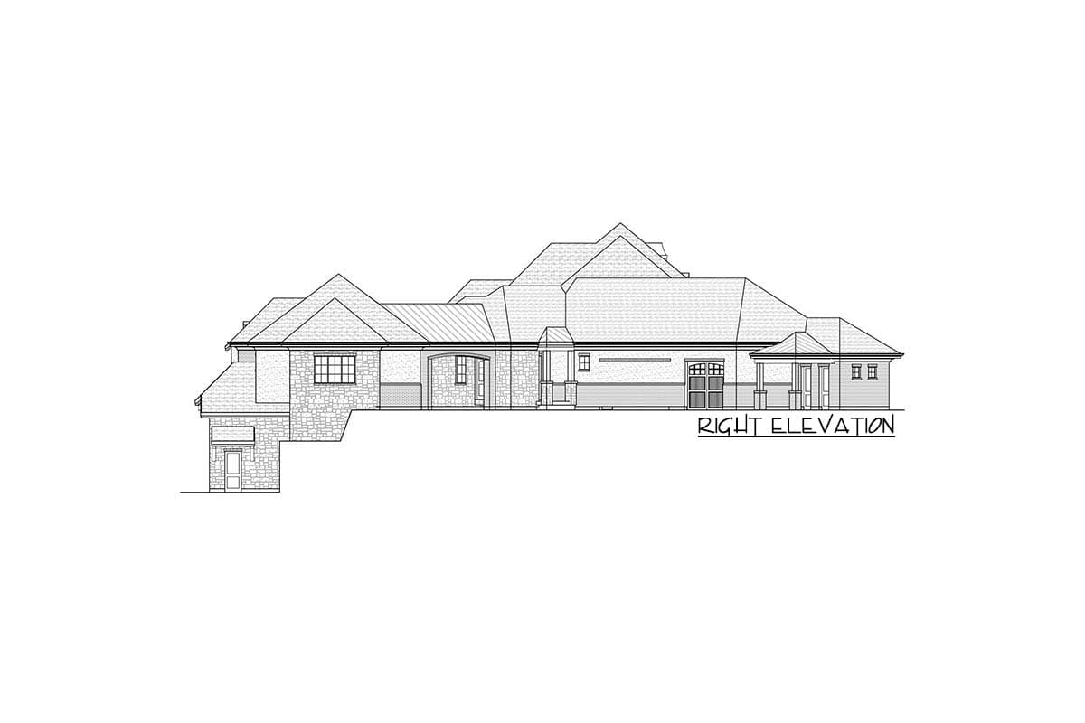 Right elevation house plan showing a multi-level roofline, stone facade accents, gables, and a covered porch with double doors.