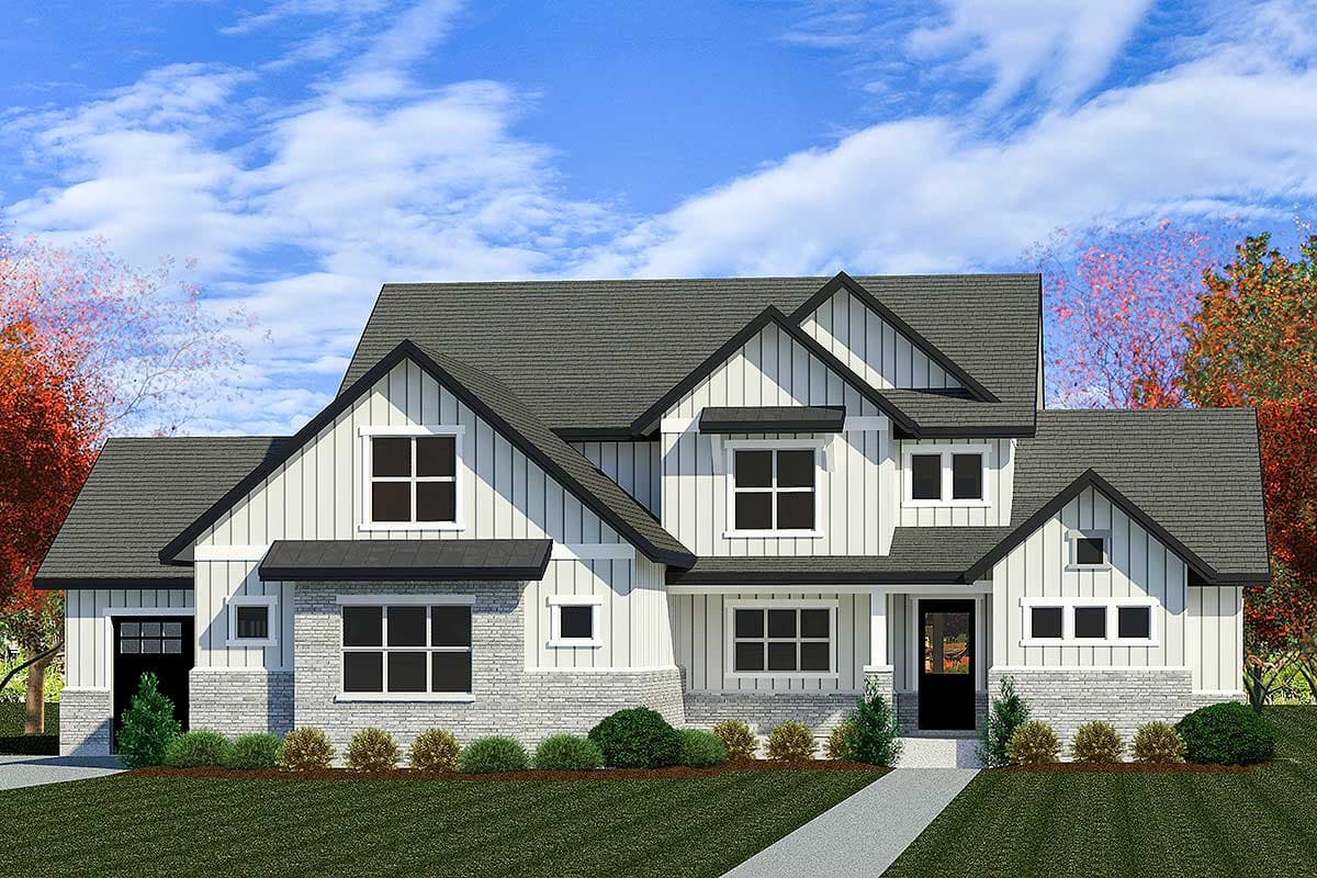 House plan exterior rendering. Two-story Modern Farmhouse with gabled rooflines, board-and-batten siding, and a front entry porch.