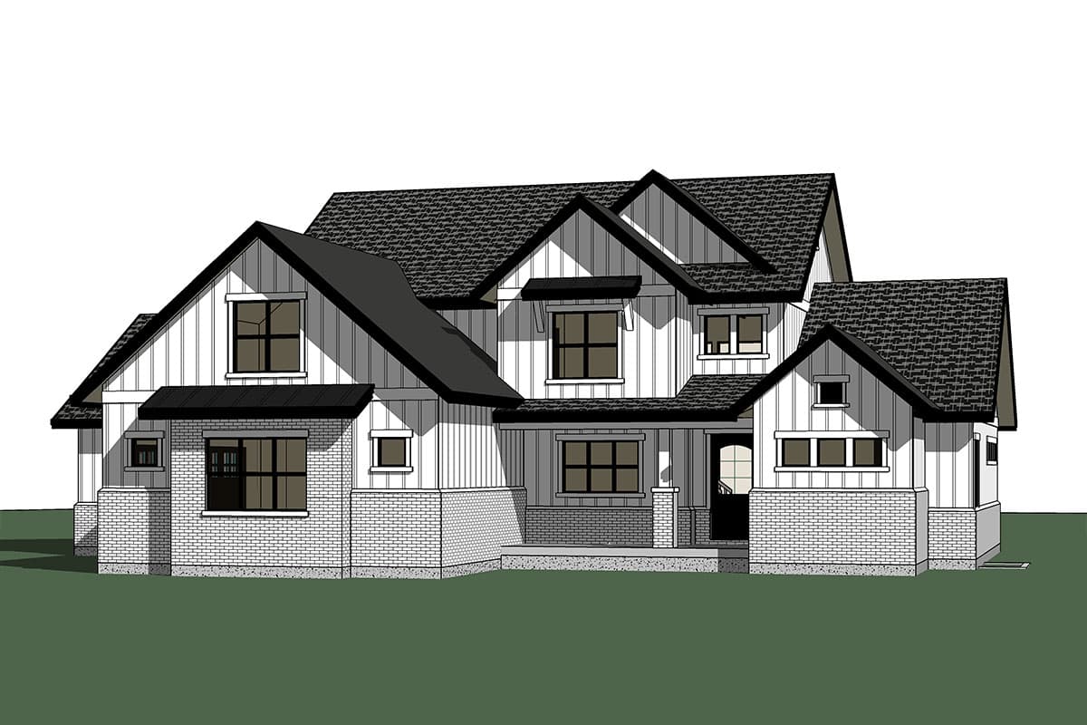 House plan exterior: Two-story Modern Farmhouse with board and batten siding, brick base, gables, and multiple rooflines.