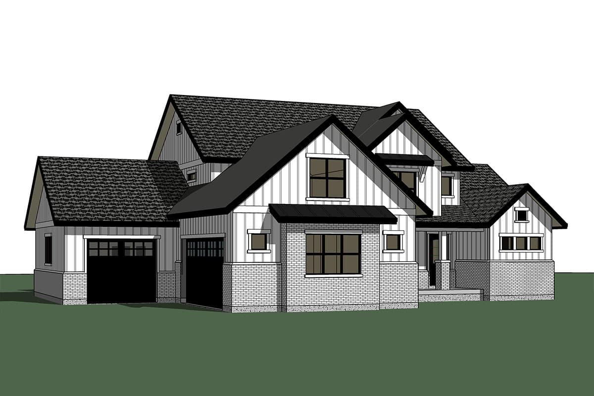 Modern Farmhouse house plan exterior with two-car garage, board and batten siding, brick base, and multiple gables.