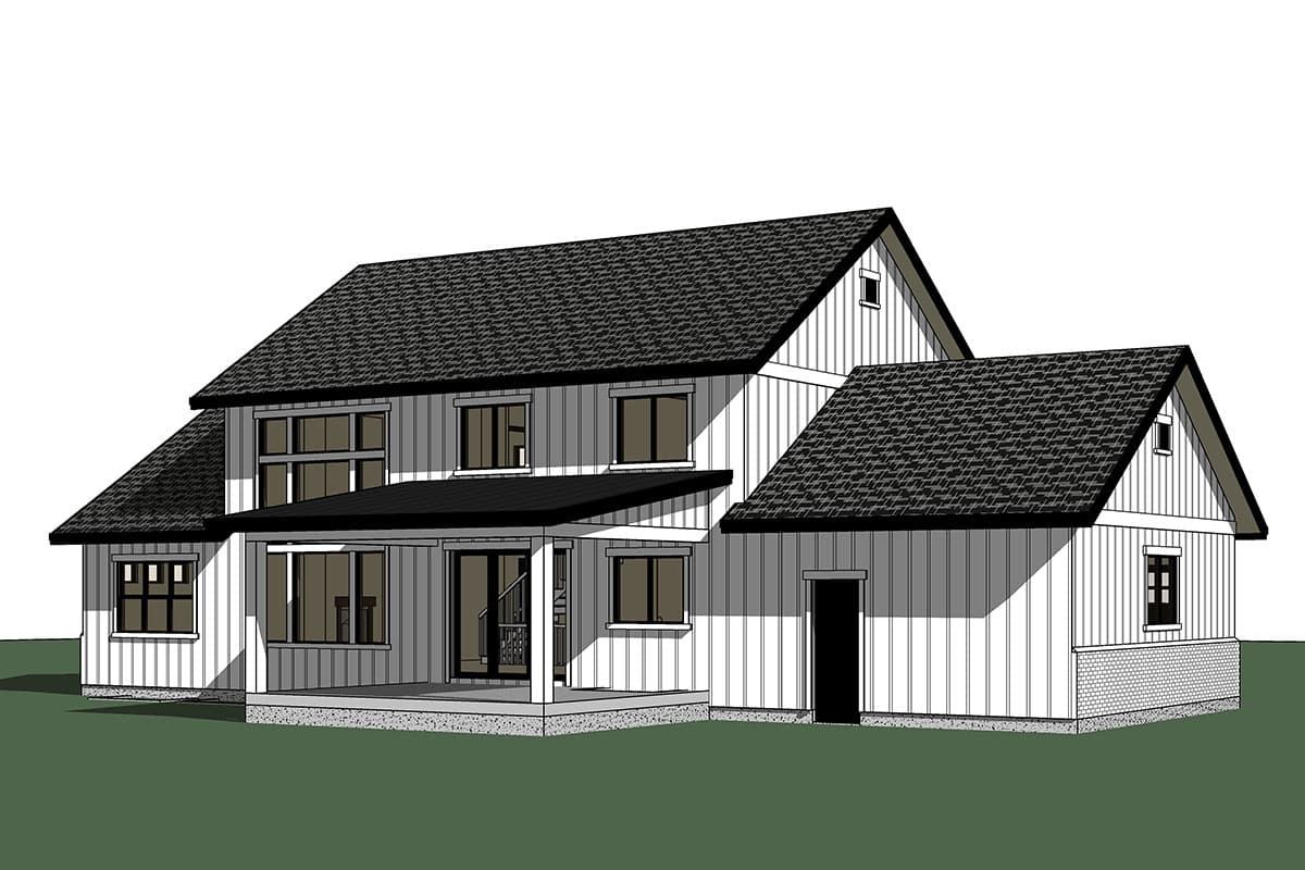 Two-story house plan exterior with vertical siding, multiple gables, covered porch, and a gable dormer.