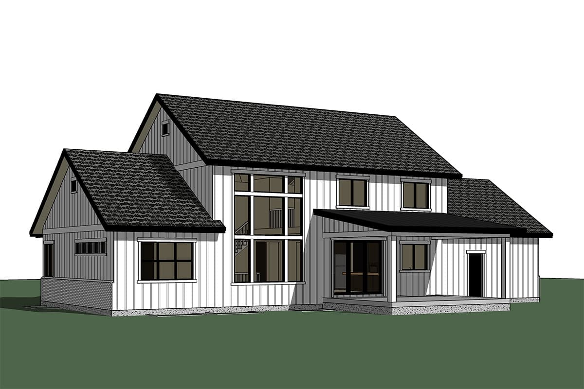 House plan exterior: Modern Farmhouse style, two stories, with gables, prominent vertical siding, and a covered porch.