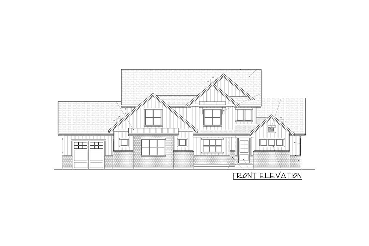 Front elevation drawing of a two-story house plan with a gabled roof, brick base, and side-entry garage.
