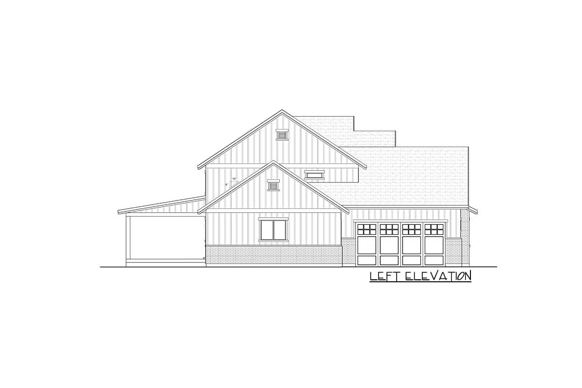 Left elevation house plan drawing showing two stories, gables, dormers, a covered porch, and a multi-pane garage door.