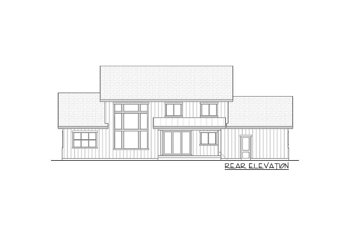Rear elevation drawing of a two-story house plan with multiple windows, a balcony, and a door.