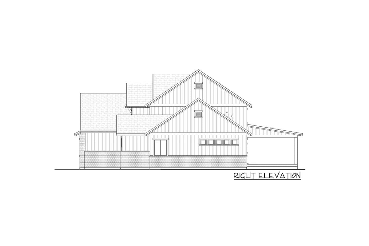 Right elevation drawing of a two-story house with gabled dormers, vertical siding, and a detached carport.