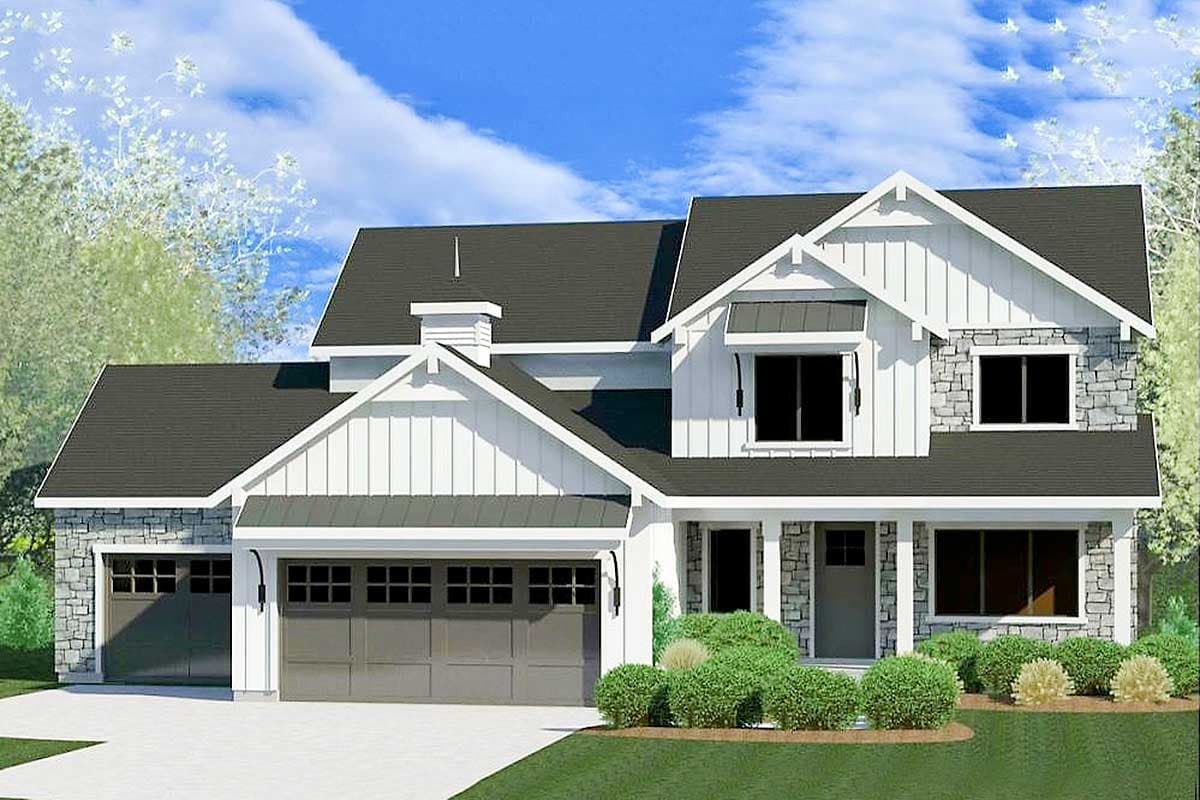House plan exterior. Two-story Modern Farmhouse with gables, stone accents, and a covered porch. Features include a side-entry garage and dormers.