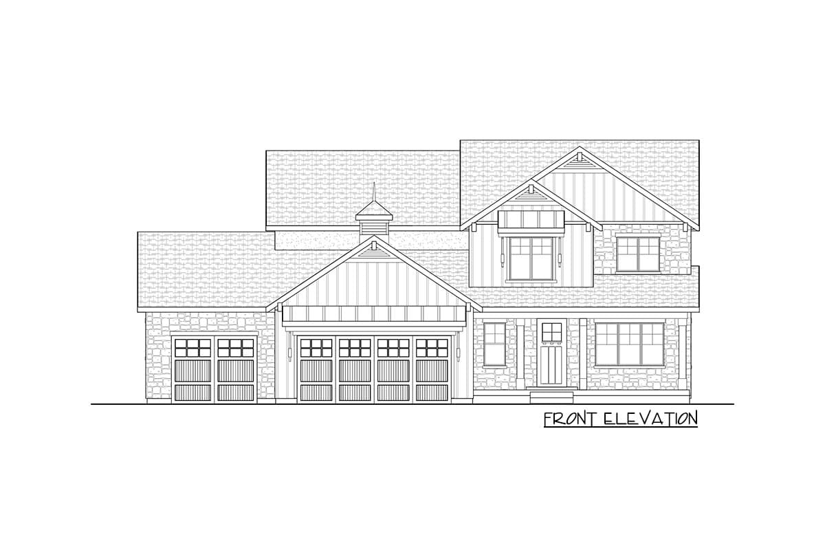 Front elevation house plan showing a two-story home with a three-car garage, stone accents, gables, and dormers.