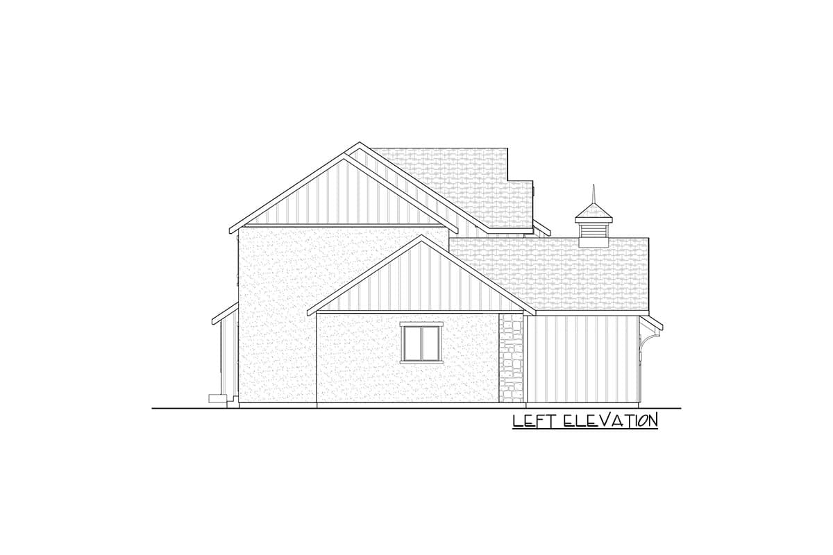 Left elevation house plan showing gables, varied rooflines, a single window, and a cupola.