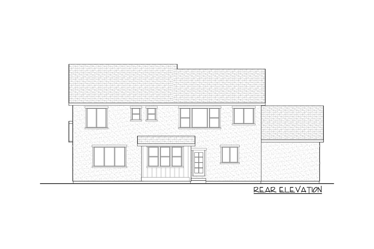 Rear elevation drawing of a two-story house plan with multiple windows and a covered entryway.