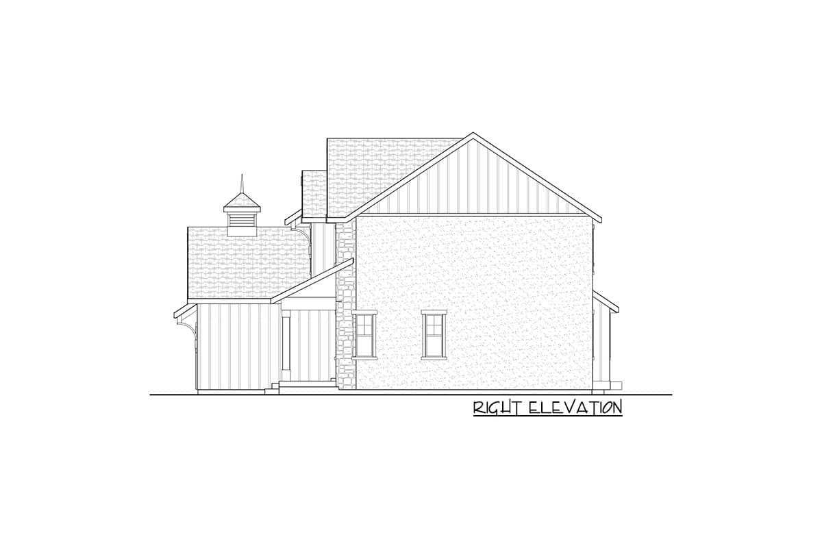 Right elevation drawing of a house plan with a cupola, stone and vertical siding, and a covered porch.