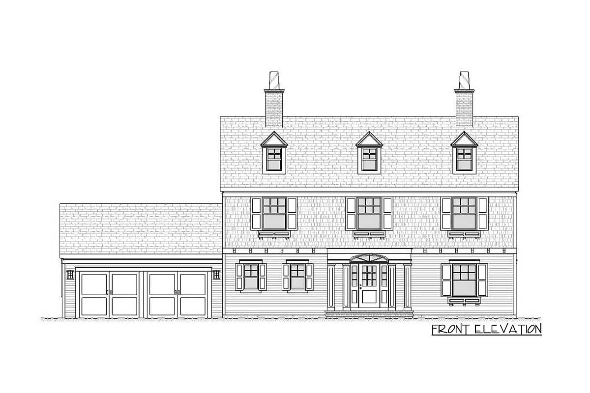Front elevation house plan with a two-story facade, dormers, twin chimneys, and a three-car garage.