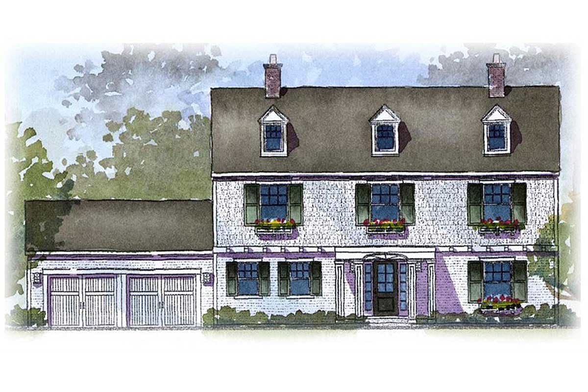 House plan exterior: Colonial style, two stories, symmetrical facade, three dormers, prominent entryway, attached three-car garage.